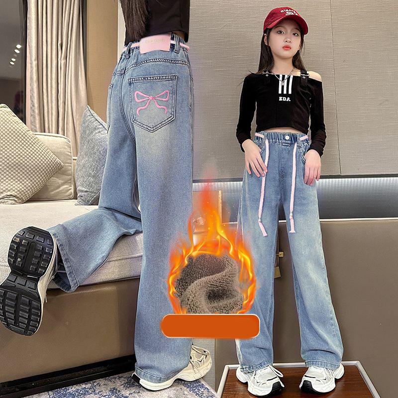 

Детские утепленные джинсы в корейском стиле для девочек, теплые и плотные джинсовые брюки для девочек, зимние брюки для детей и подростков 110