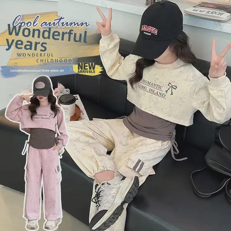 Dívčí sada podzimního oblečení: Mikina s dlouhým rukávem, overaly a sportovní oblečení s krátkým rukávem – 3dílné studentské oblečení