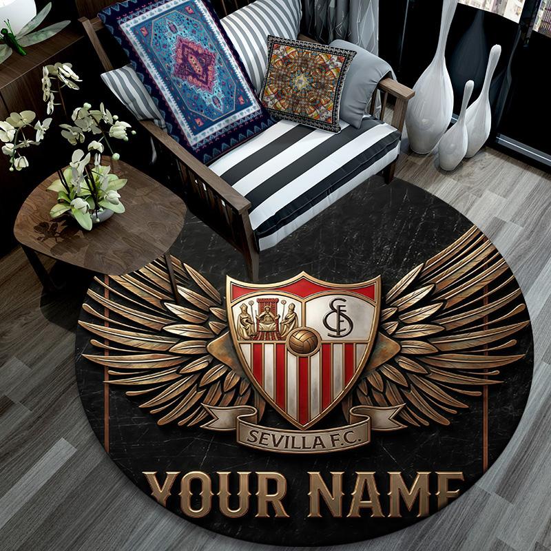 Custom Name Sevilla FC Round Area Rug,Carpet Rug for Living Room Bedroom Sofa Playroom Decor,Non-slip Floor Mat
