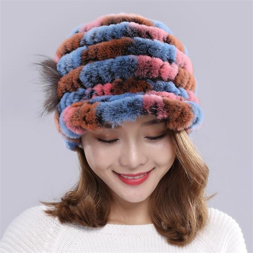 Autumn and Winter Rex Rabbit Fur Duckbill Hat with Rose Side Flower Women's Fox Fur Hat Knitted Warm Thick Fashion Hat with Brim