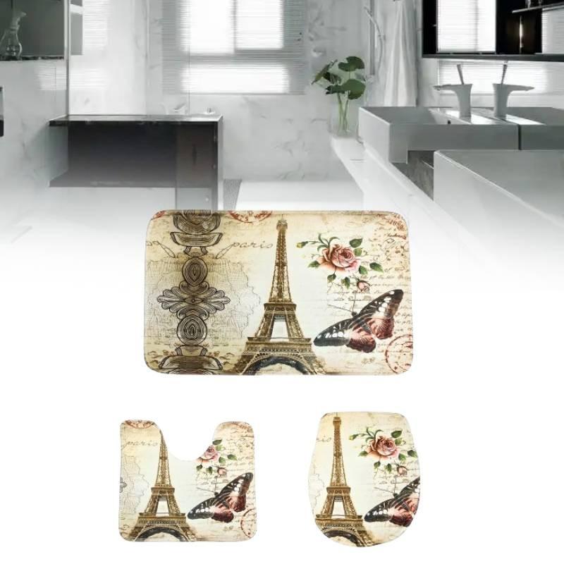Butterfly Printed Tower Toilet Carpet Three Piece Set Anti Slip Mat Bathroom