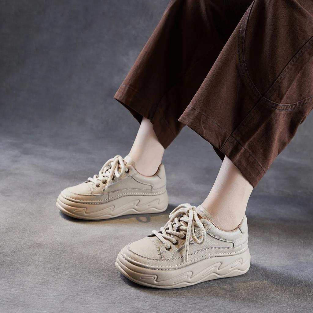 Johnature Pantofi de damă din piele naturală cu talpă groasă pentru creșterea în înălțime, pantofi albi casual confortabili cu talpă plată