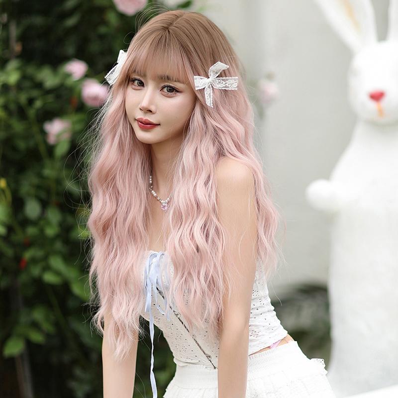 7jhh Wigs Loose Body Wavy Pink Brown Wigs With Dark Roots High Density Synthetic Wavy Ombre Hair Wig For Women Party Lolita Wigs