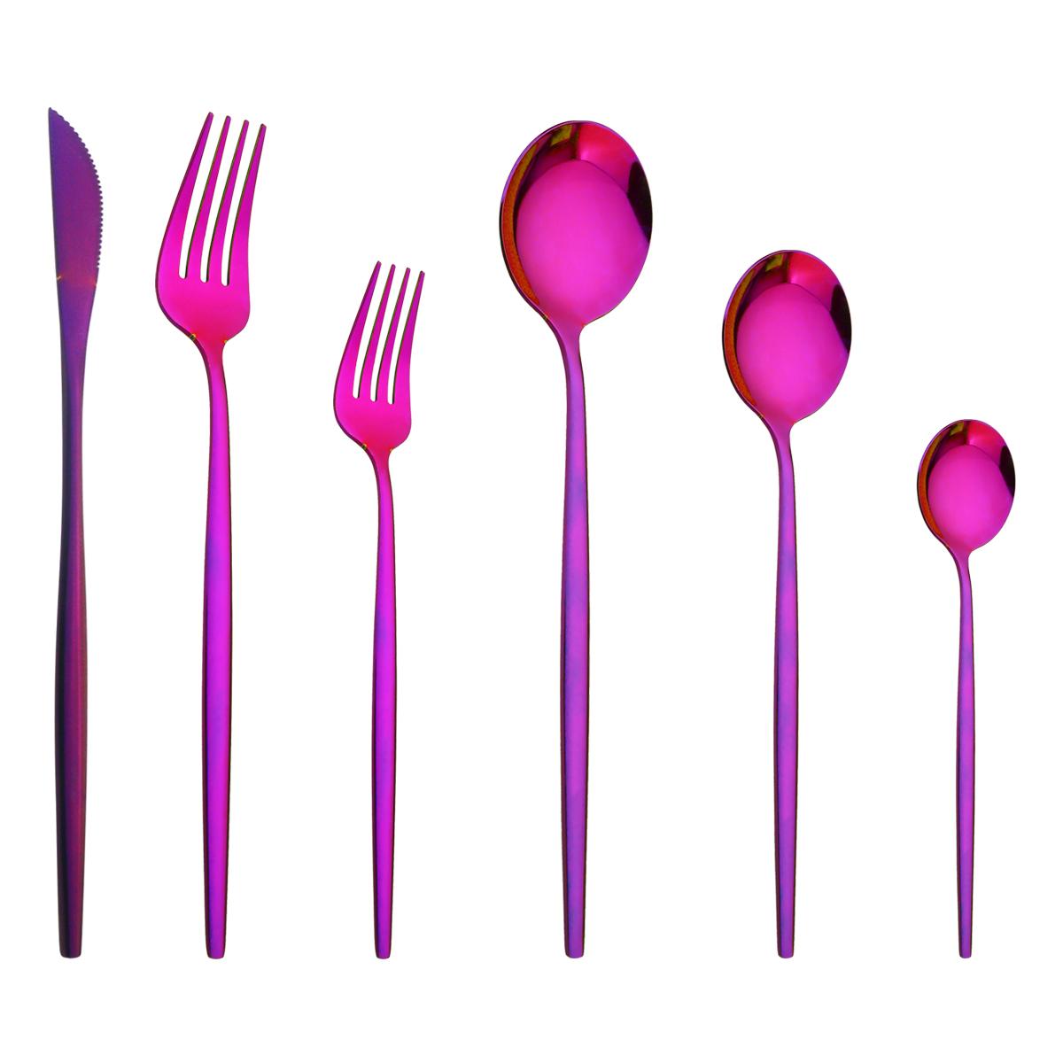 

6 шт. набор столовой посуды из красного золота, столовая посуда из нержавеющей стали, столовые приборы, обеденный нож, вилка для торта, кофейная ложка, столовые приборы, столовое серебро в стиле вестерн Kiechen фиолетовый