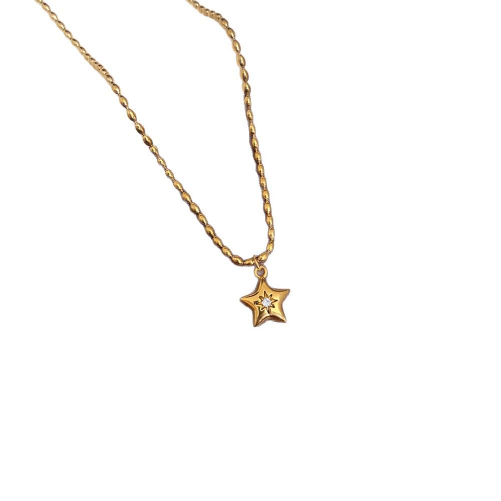 Retro Eight-Pointed Star & Moon Necklace with Diamond Accents - Fashionable Titanium Steel Electroplated Design