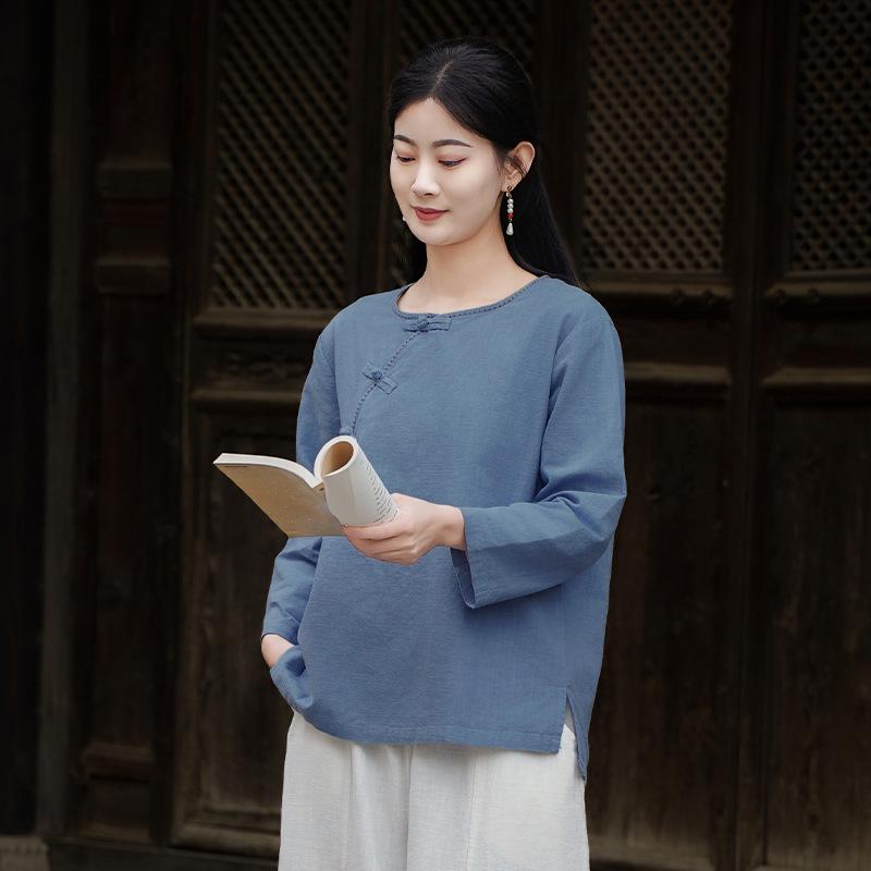 Spring & Autumn Retro Solid Color Cotton-Linen Zen Tea Top with Oblique Lapel & Frog Button