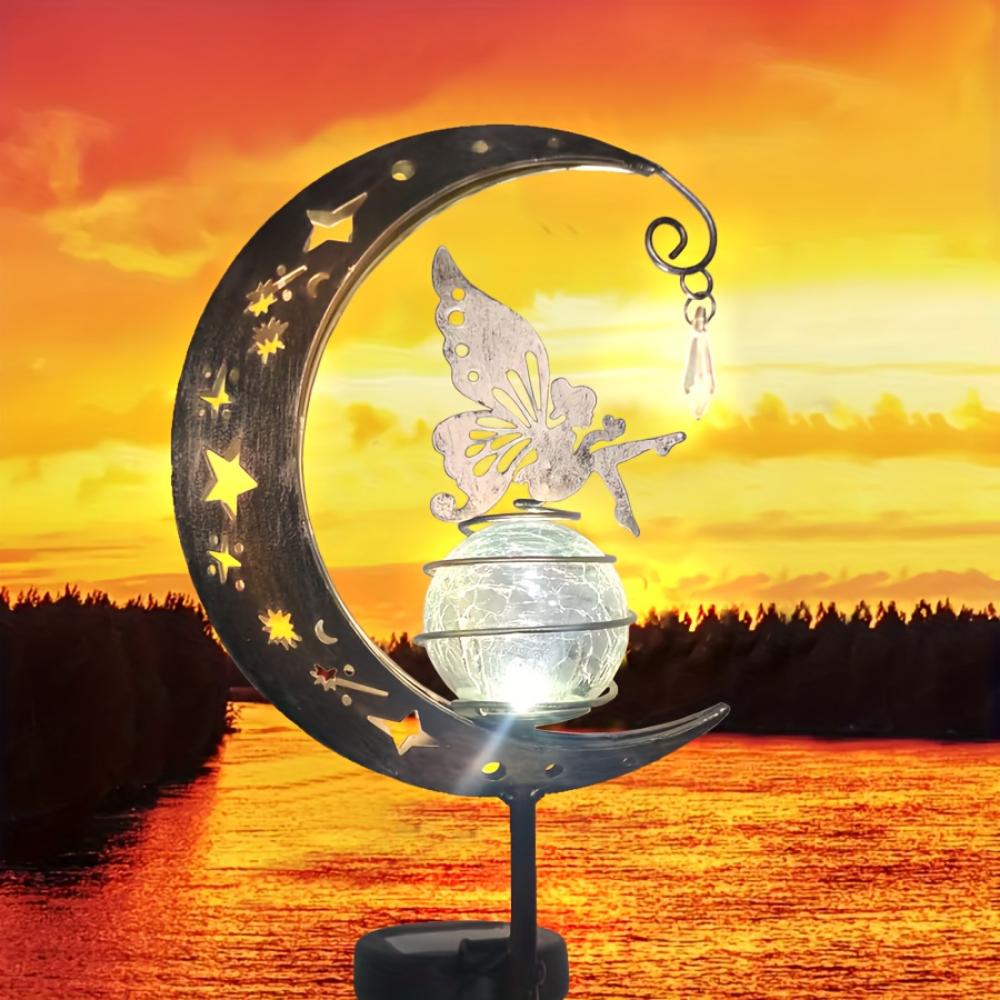 Solar Eisen Mond Fee Rasenleuchte, Zarte Elfen Fantasie Fee Stil Hof Metall Dekorative Leuchte Gartenweg Pavillon Straßenleuchte Rasenleuchte