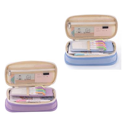 Pencil Pouch Large Capacity Color Splicing Double Layered Simple Style  Design Pen Holder Bag
