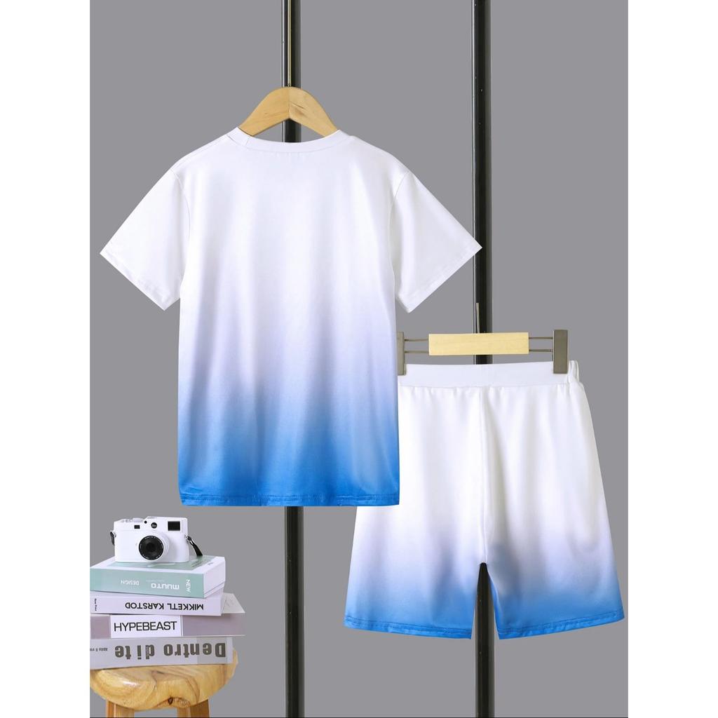 2-Piece Set of Boys' Blue and White Gradient Round  with Letter Print Pattern Comfortable Breathable Shorts Suitable