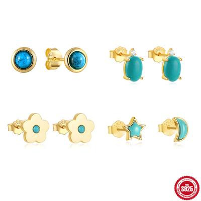 S925 Sterling Silver Turquoise Flower Moon Stud Earrings Fashion Simple Wind Stud Earrings Earrings