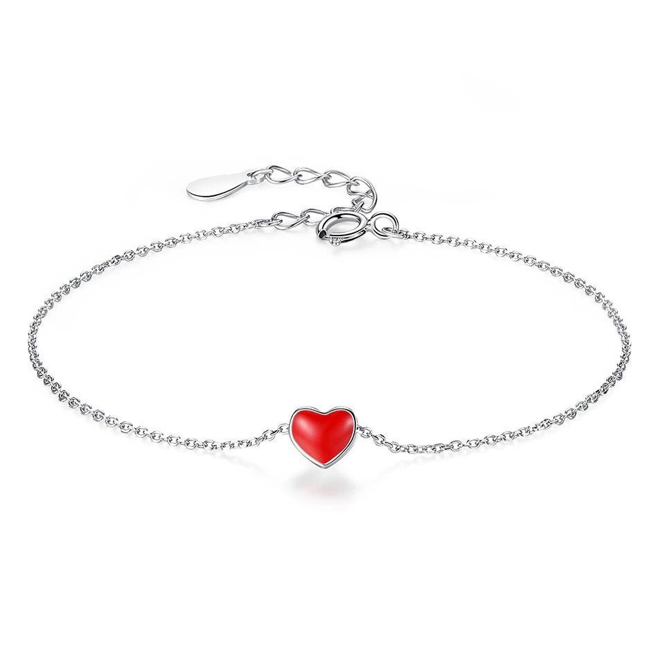 Beixi S925 Sterling Silver Red Heart Bracelet - Korean Style Sweet Peach Heart Women's Jewelry
