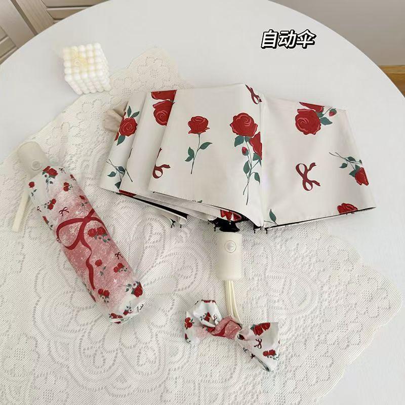 Women, UV protection for sun shading, dual use for sun and rain,  3 folding umbrellas Bow, flower patterned umbrella