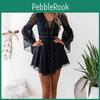 Long V Women Neck Flared Sleeve Crochet Hollow Out Chiffon Bandage Mini Dress
