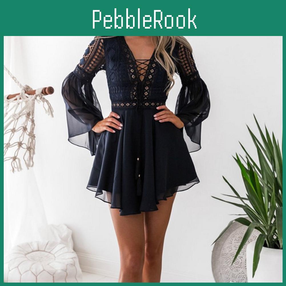 Long V Women Neck Flared Sleeve Crochet Hollow Out Chiffon Bandage Mini Dress