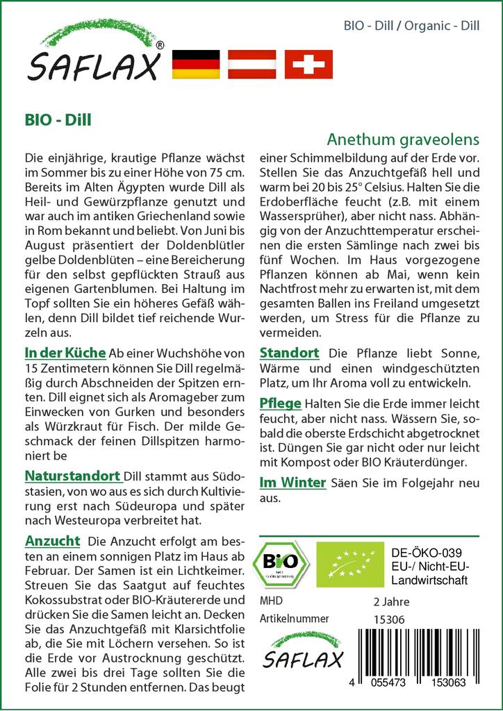 SAFLAX Garden In the Bag - Organic - Dill - 700 Seeds - With Substrate In a Fitting Stand Up Bag - Anethum Graveolens