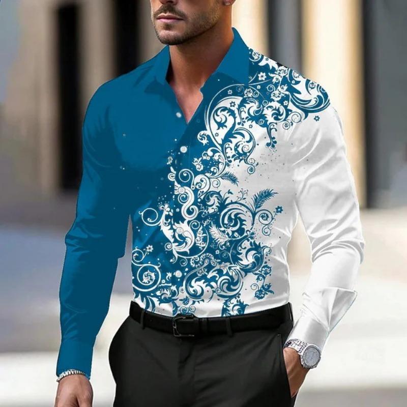 Men S Long Sleeve Button Down Colour Block 3d Printed Casual Shirt