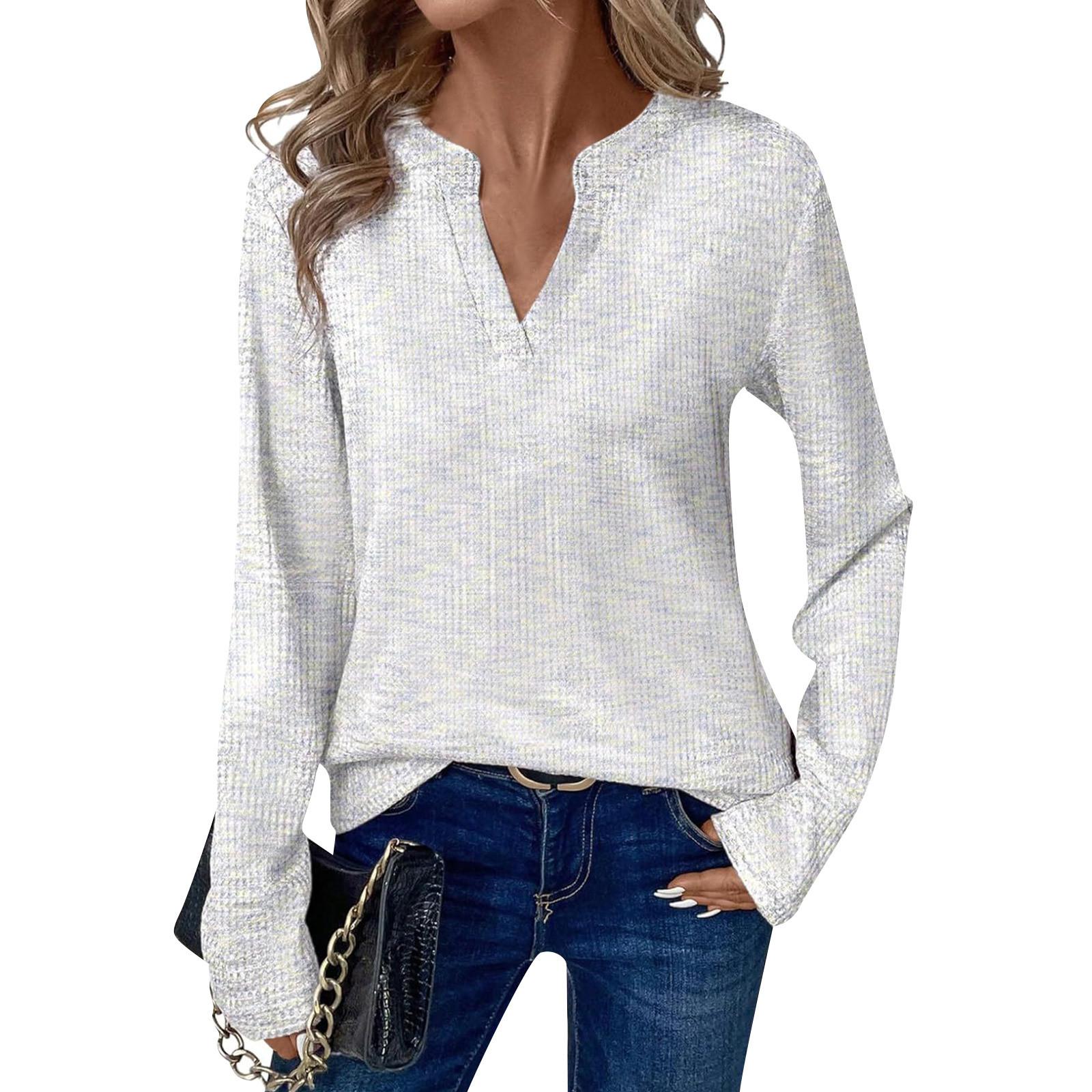 

Женские рубашки с длинным рукавом Трикотажные топы V-образный вырез Повседневные базовые топы Пуловеры S белый