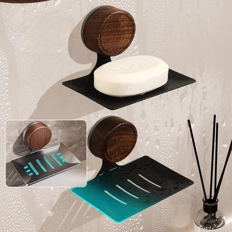 Nordic Style No Need To Drill Holes Wall-mounted Walnut Wood Soap Dish Suction Cup Soap Box  Bathroom Toilet Draining Soap Rack
