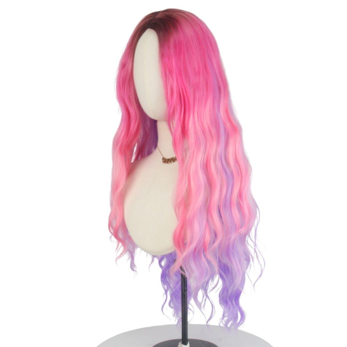 

Черный розово-красный фиолетовый градиент мелирование длинный кудрявый парик синтетический парик для косплея для женщин музыкальный фестиваль маскарадный бал