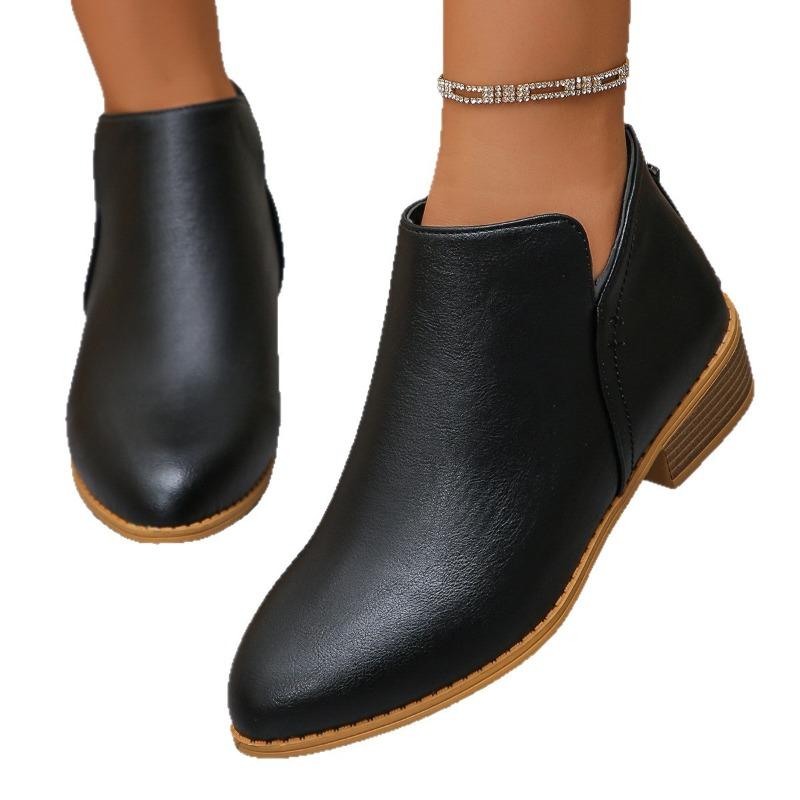 Women's Pointed Toe Chunky Heel Martin Boots, Side Zipper Thick Sole Leather Boots, Plus Size Fall Winter Shoes