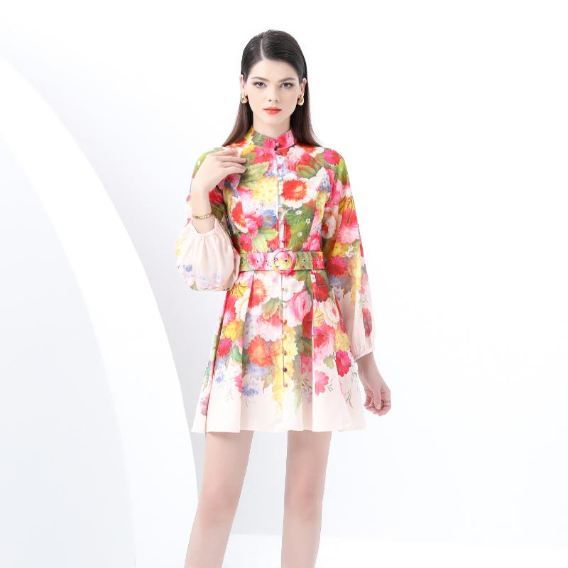 Frühling Sommer Damen Stehkragen Vintage Print Laternenärmel Mini Kurz Urlaubs Strandkleider mit Gürtel