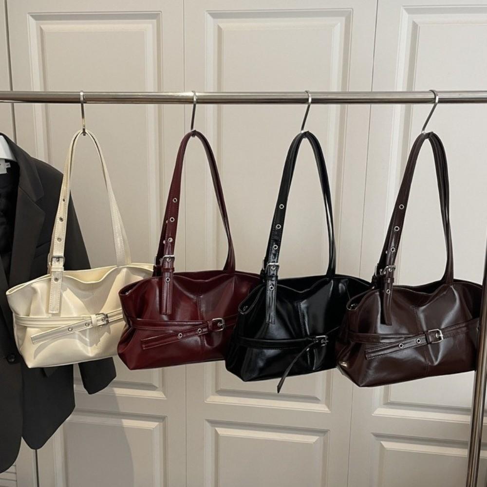 Soft Belt Buckle Retro Shoulder Bag PU Leather Solid Color Underarm Bag Korean Style Large Capacity Bowling Bag Autumn