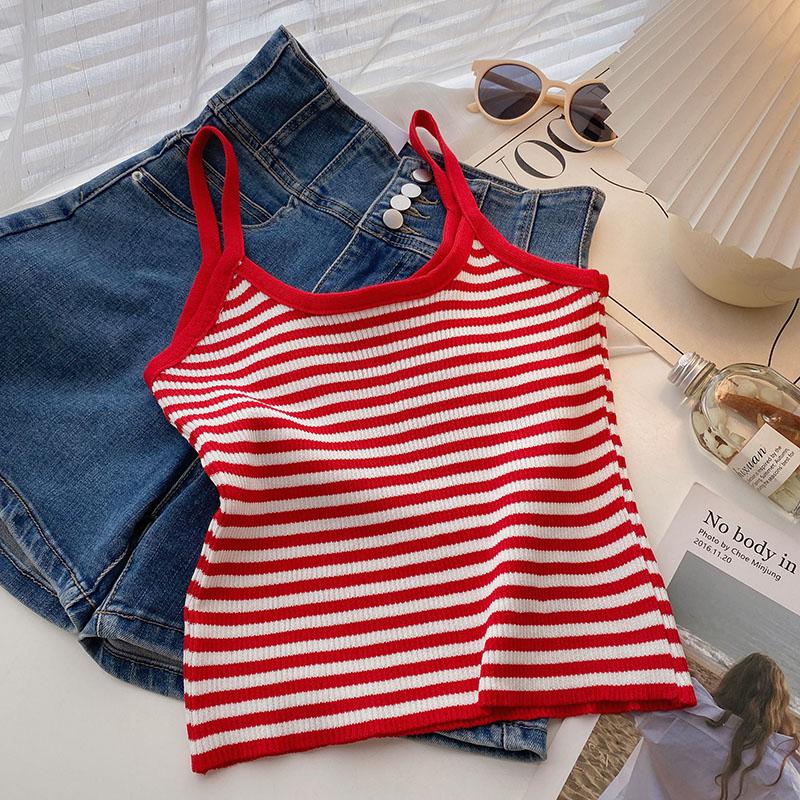 Women's Casual White&Green Striped Knitted Crop Top Korea O-Neck Female Multi Color Optional Striped Knitted Tank Top