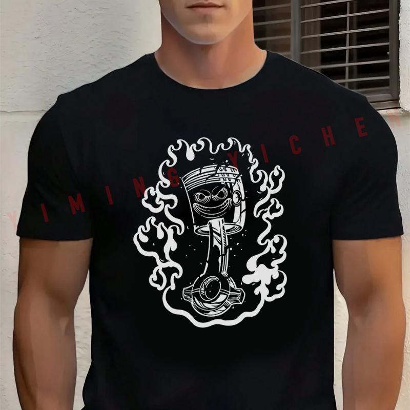 Men T Shirt Angry Flaming Fire Racing Piston Head Graphic Motorcycle T-shirt Cotton Summer Casu