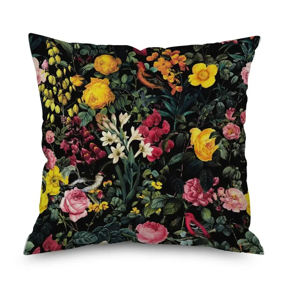 Vintage Floral Leinen Kissenbezug Schwarze Nacht Rose Kissenbezüge Dekorativ Interieur für Heimdeko Kissenhülle für Schlafzimmer 45x45