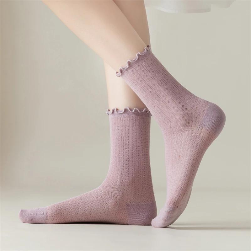 Neue Damen Socken Hohe Qualität Sommer Mode Lässig Lange Socken Einfarbige Koreanischer Stil Wellensaum Netz Atmungsaktiv Einfach Dünn