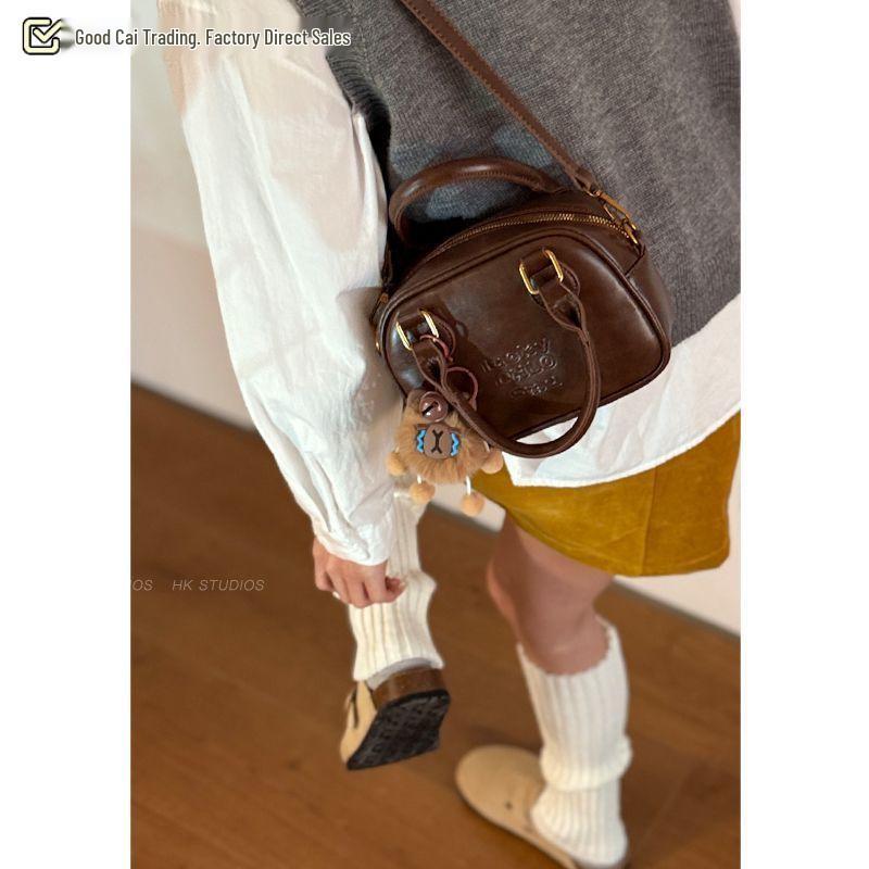 Women's Retro Coffee Bowling Bag - New 2024 Autumn/Winter Single Shoulder Crossbody with High Quality Texture