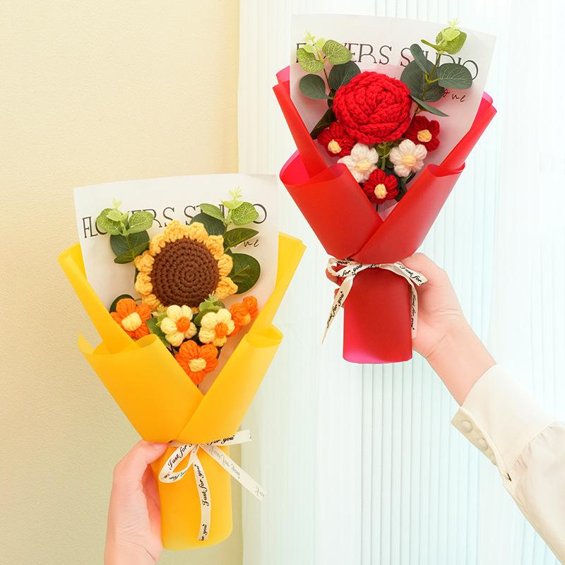 Knitted Flower Bouquet Crochet Rose Flowers Hugging Bucket New Year Gifts Living Room Desk Decoration Mother's Day Gift