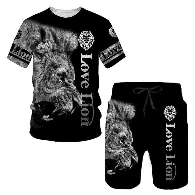2022 sommer männer Casual Anzug Mode 2 Stück Set 3D Gedruckt Löwe Kurzarm T-Shirt Shorts Anzug Sportswear Casual shorts