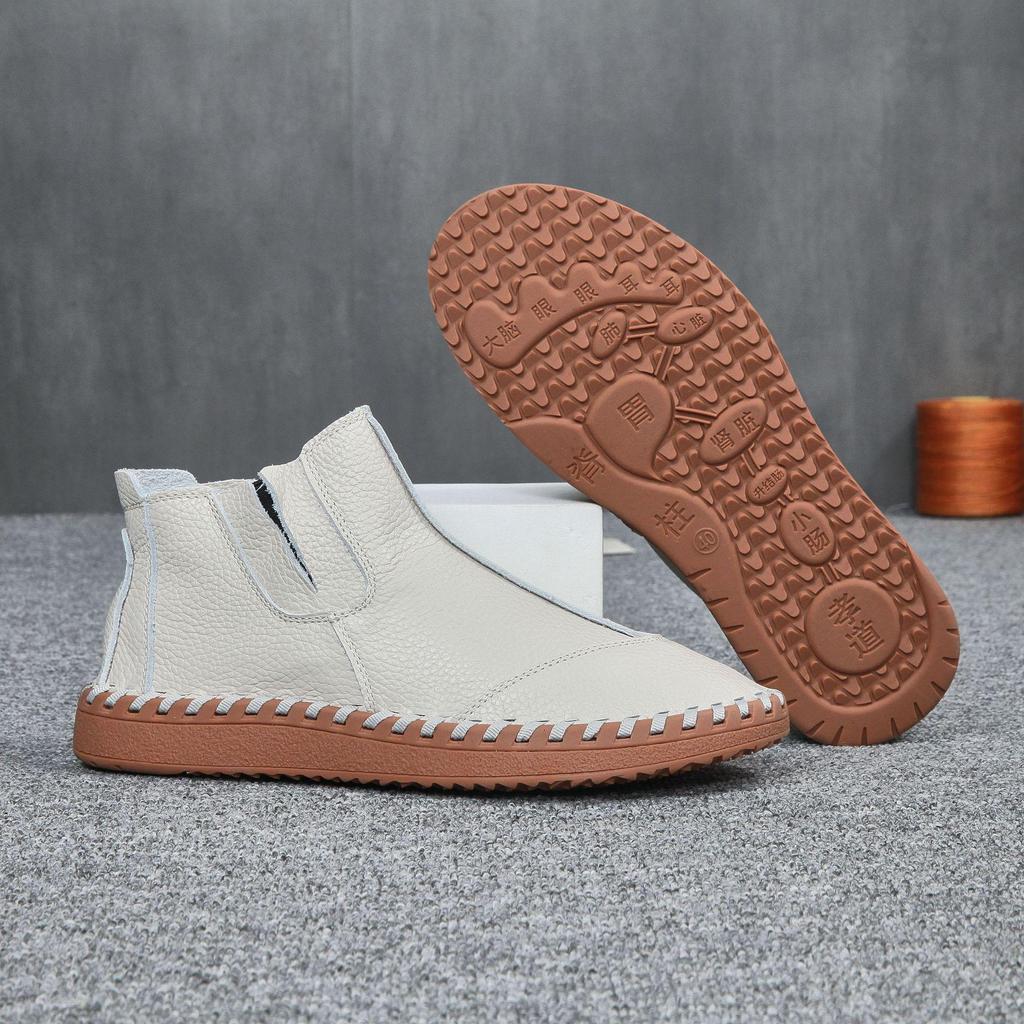 Men's Leather Slip-On High-Top Casual Shoes - Soft Sole, Genuine Cowhide for Autumn/Winter