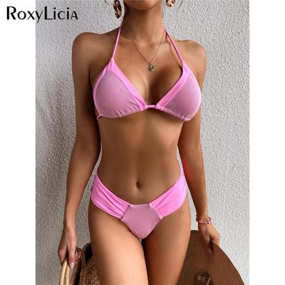 Splicing Halter Bikini Women Swimwear Female Swimsuit Two-pieces Bikini Set Mid Waist Padded Bather Bathing Suit Swim Lady