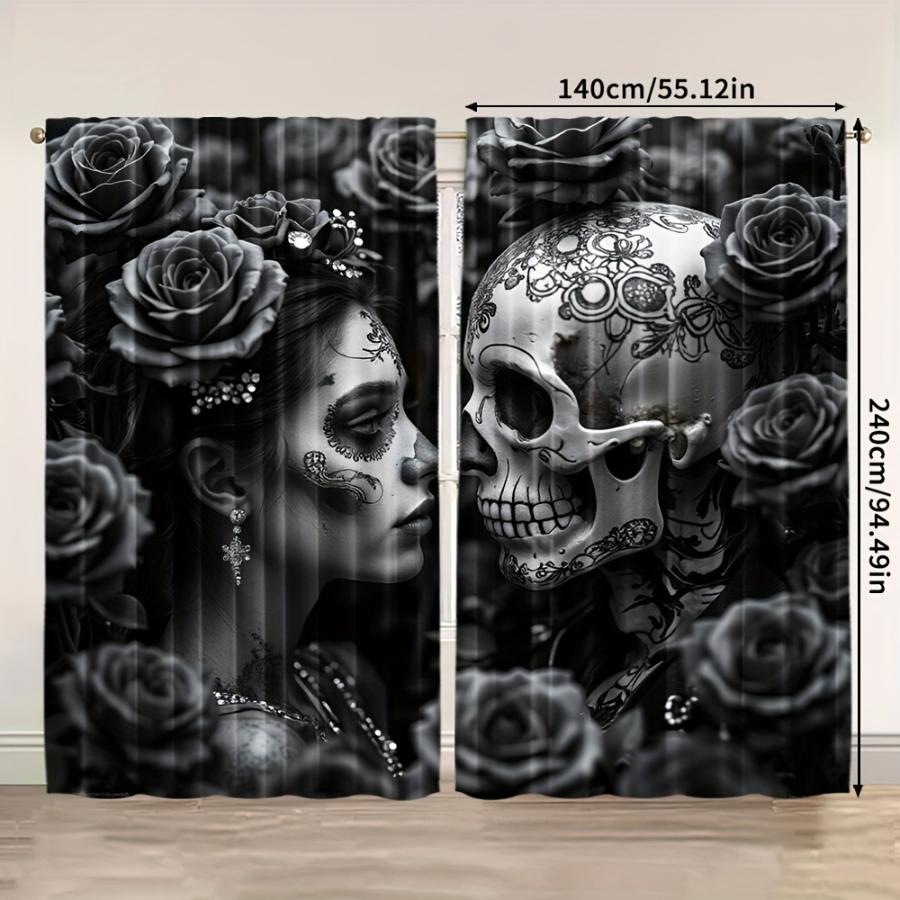 2PCS Digital Printed Curtains, Black White Day of Dead Skull Woman Roses, Gothic Mexican Skeleton Art Window Decor Bedroom