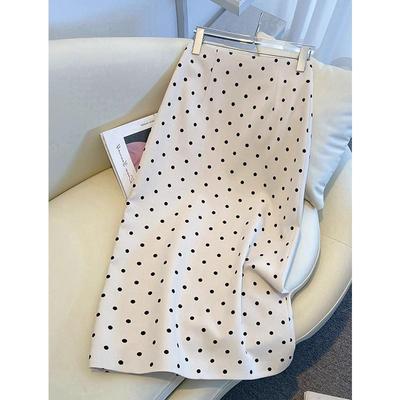 Women's Polka Dot High-Waisted Slim-Fit Skirt - Spring & Autumn 2025, French Elegance, Hip-Hugging, Half-Length with Slit