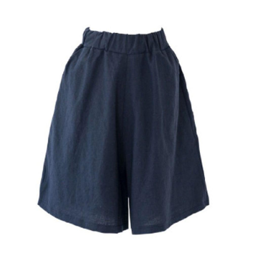 Fashion Elastic Waist Women Fifth Pants Linen Cotton Loose Casual Shorts Wide Leg Plus Size Knee Length Trousers Holiday