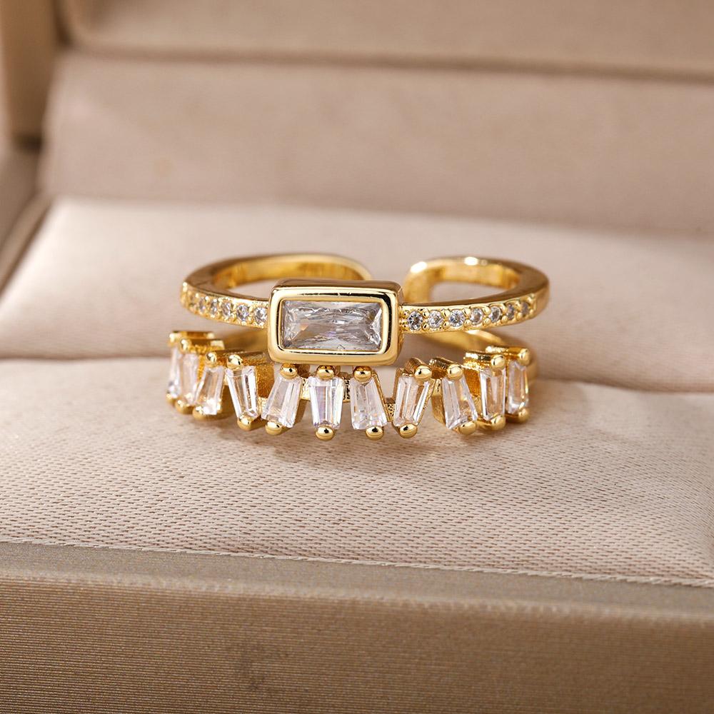 Classic Green Irregular Double Layer Zircon Rings For Women Stainless Steel Gold Plated Wedding Open Finger Ring