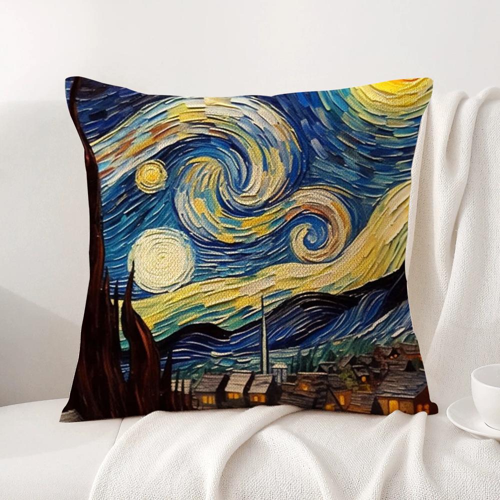 Color Van Goghs Starry Night Cushion Cover Natural Linen Organic Fabric DoubleSided Printing Sofa Home Decor Breathable