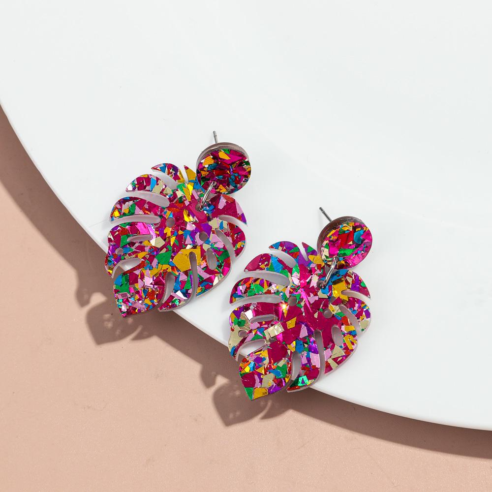 Sequins Acrylic Colorful Monstera Leaf Drop Earrings for Women Exaggerated Tropical Leaves Plant Earrings Fashion Jewelry Gifts