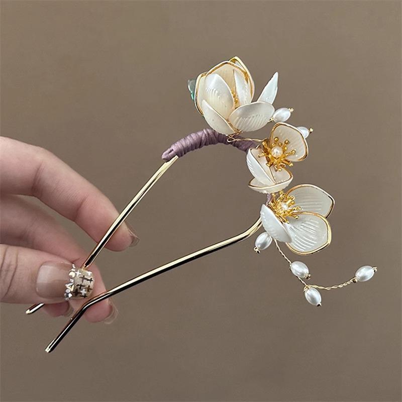1Pcs Party U-Shaped Hair Pin Hair Accessories Elegant Retro Magnolia Flower Alloy Hair Clip Perfect For Curling Or Straight Hair