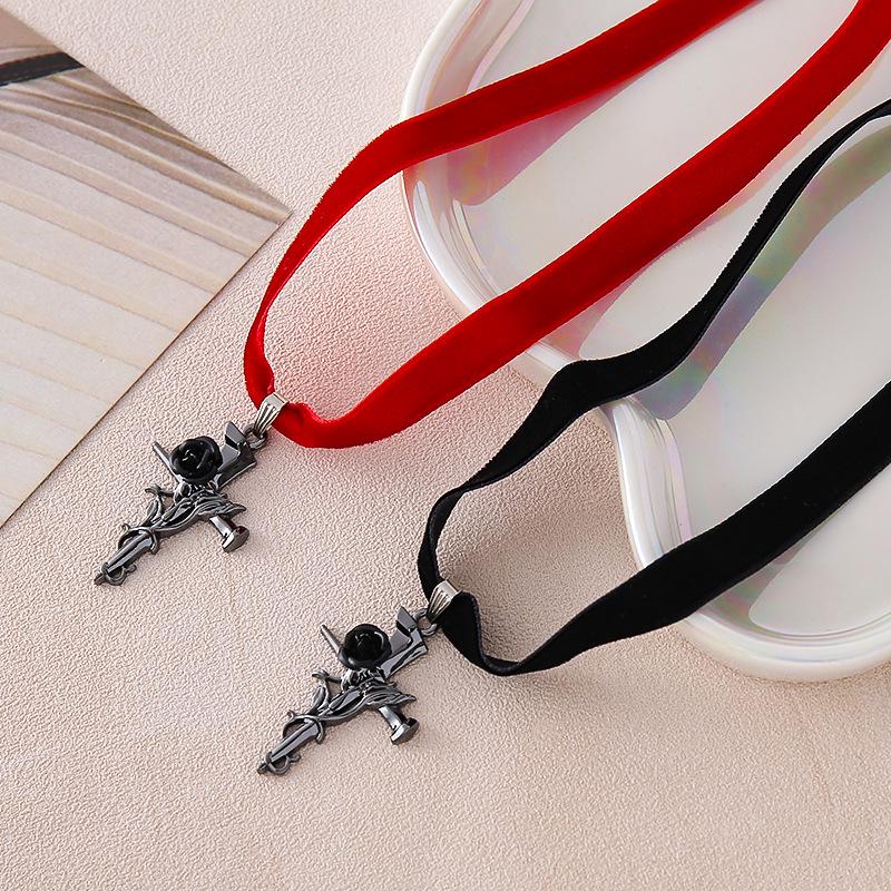European & American Gothic Velvet Cross Rose Pendant Necklace