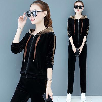 Goldener Samt Damen Freizeit-Sportswear-Set - 2020 Frühling/Herbst Mode Zweiteiler
