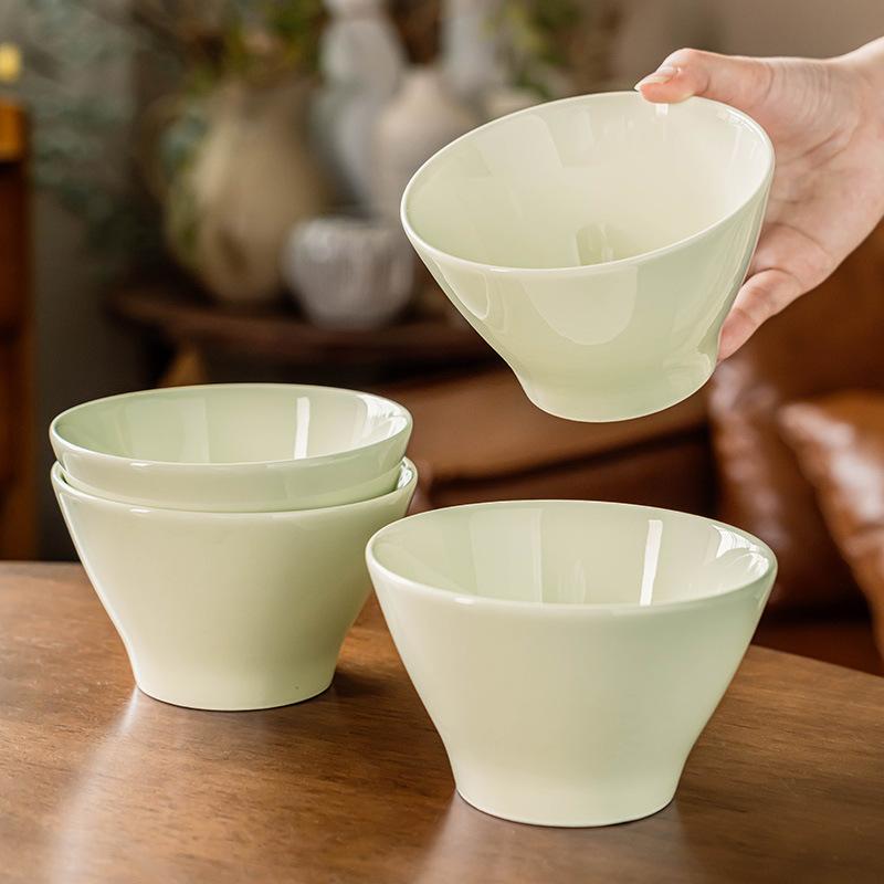 Cream Rice Bowl Ceramic Hat Bowl Salad Bowl Simple Tableware Tall Bowl Household Round Solid Color Bowl