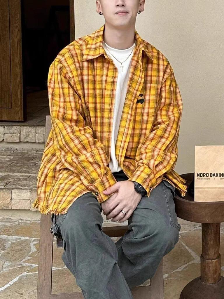 2024 Unisexová americká retro žlutá kostkovaná košilová bunda: Unikátní jarní/letní top pro páry