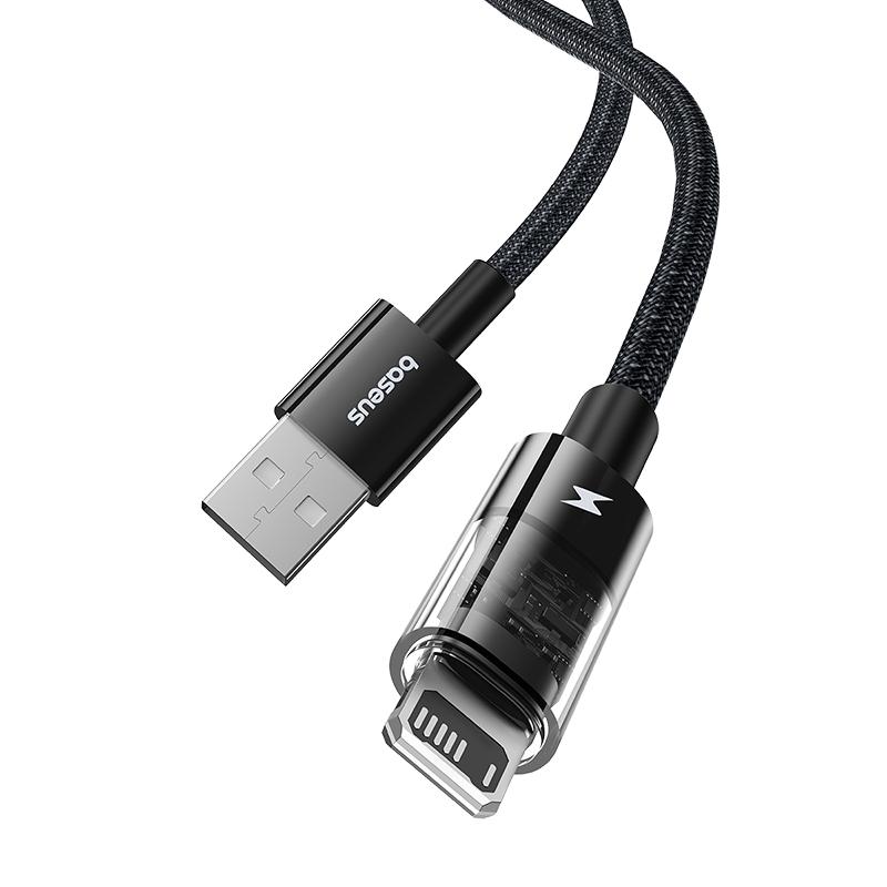 

USB-кабель Baseus для iPhone 14 13 Pro Max, прозрачный USB-кабель для быстрой зарядки iPhone 12 Mini Pro Max, USB-кабель для передачи данных 2,4 А 1m чёрный
