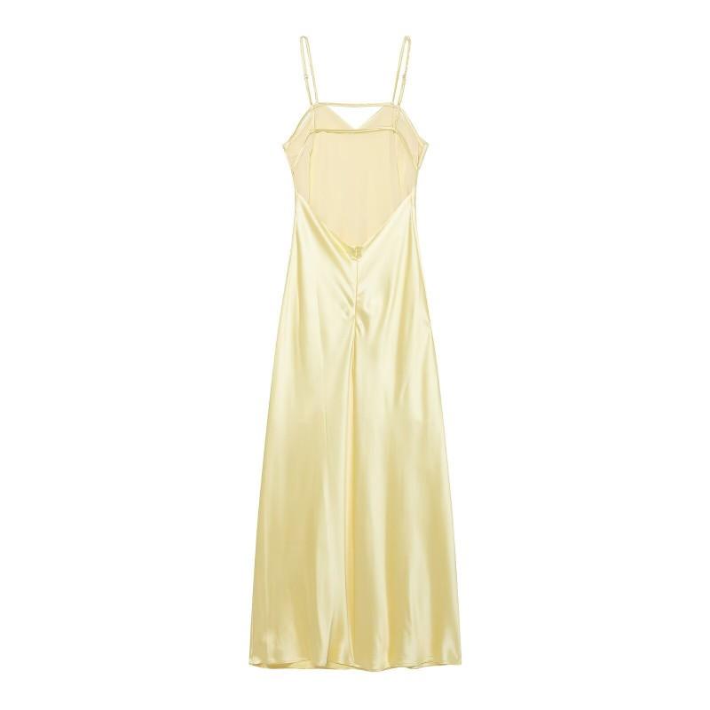 Sexy Pure Desire Style Satin Slip Dress Slim Fit V Neck Long Party Date