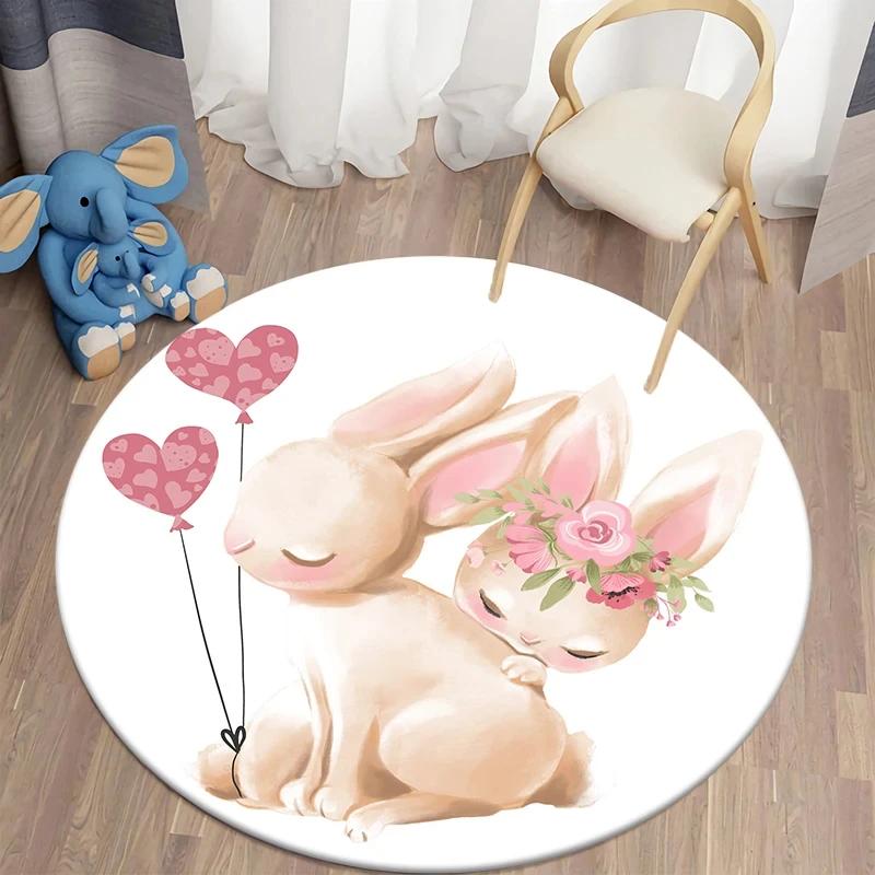 Cartoon Bunny Print Round Carpet Rabbit Area Rugs Circle Carpets for Living Room Floor Mat Polyester Anti-Slip Mats for Children