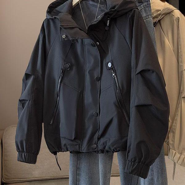 Płaszcz trenczowy z kapturem w stylu europejsko-amerykańskim dla kobiet w dużych rozmiarach - Wyszczuplający, luźny krój, na wiosnę/jesień